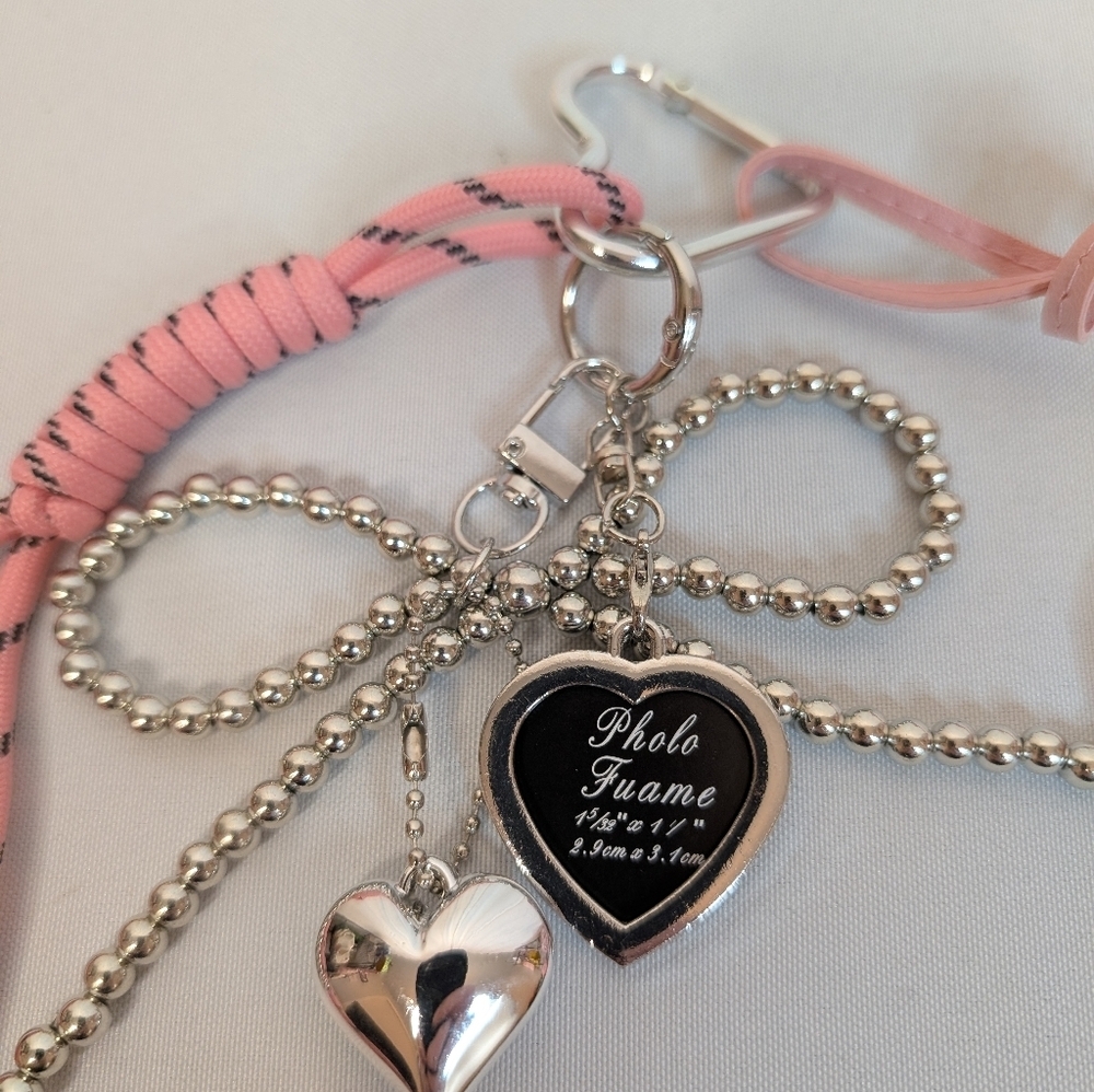 Pink And Silver Hearts And Bow Photo Frame Keychain Bag Charm Accessory - Picture 3 of 5